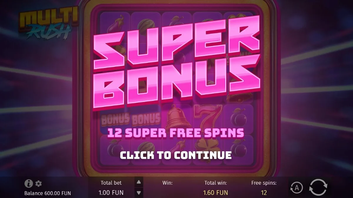 Tampilan visual neon retro dari slot Multi Rush