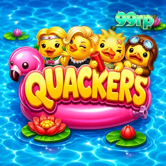 Tampilan visual slot Quackers dengan karakter bebek dan grid cluster-pays.